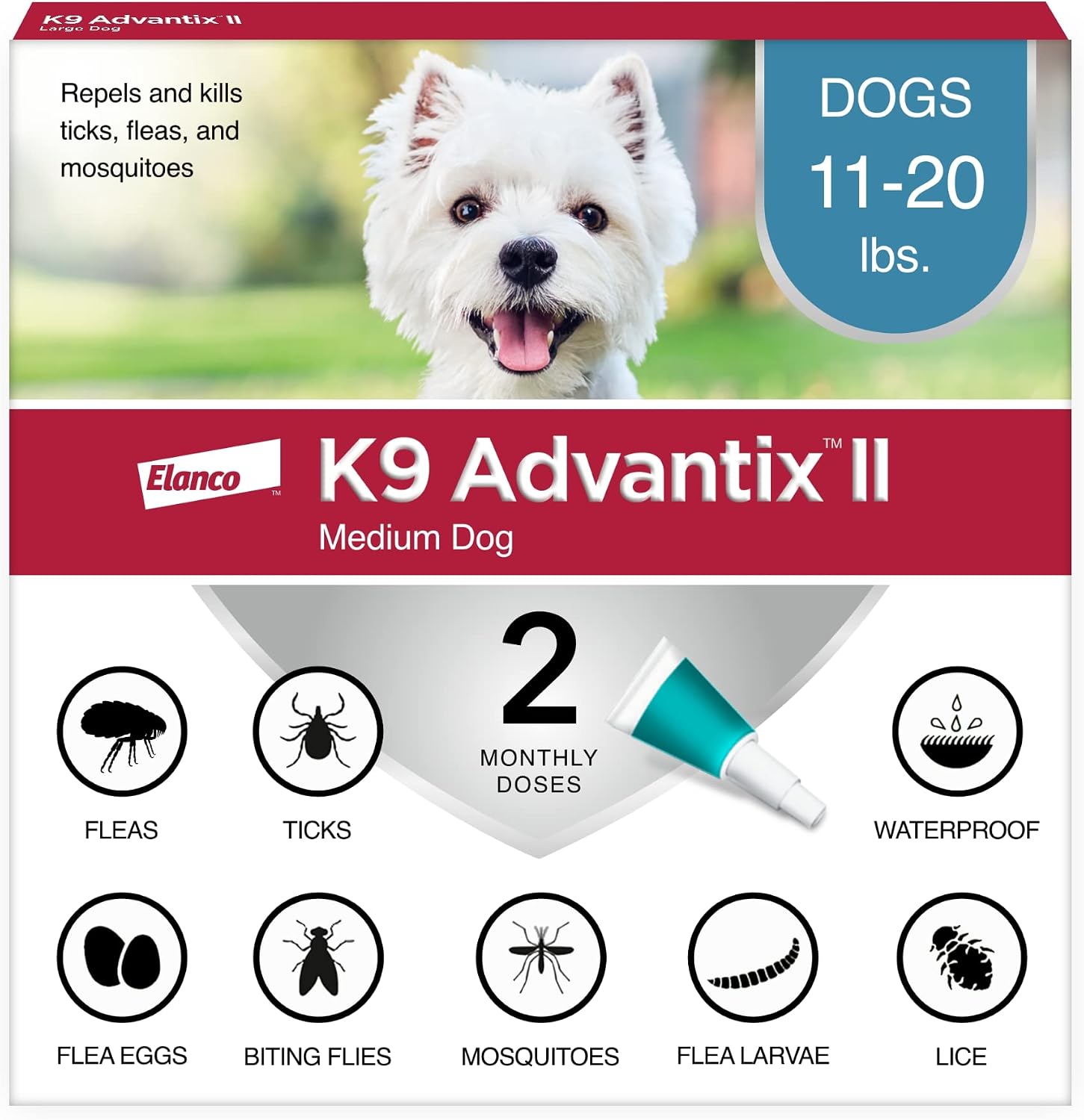 K9 Advantix II Flea & Tick Topical for Medium Dogs 11–20 lbs., 2-Dose